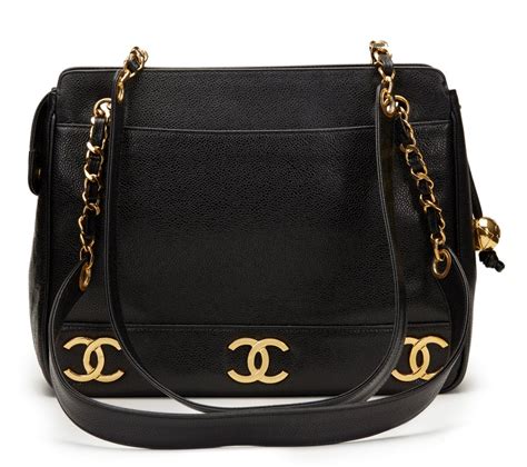 Vintage Chanel Black Caviar Leather Logo Shoulder Bag